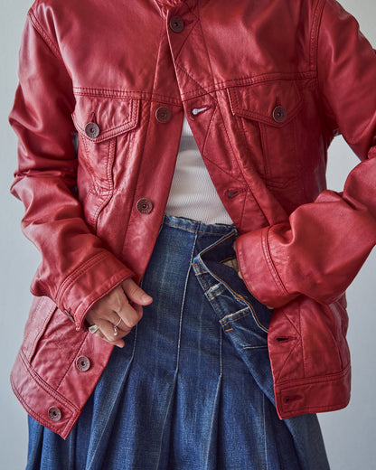 【SIZE S-M】2000s-2010s ARMANI JEANS Sheepskin Leather Trucker Jacket / Red
