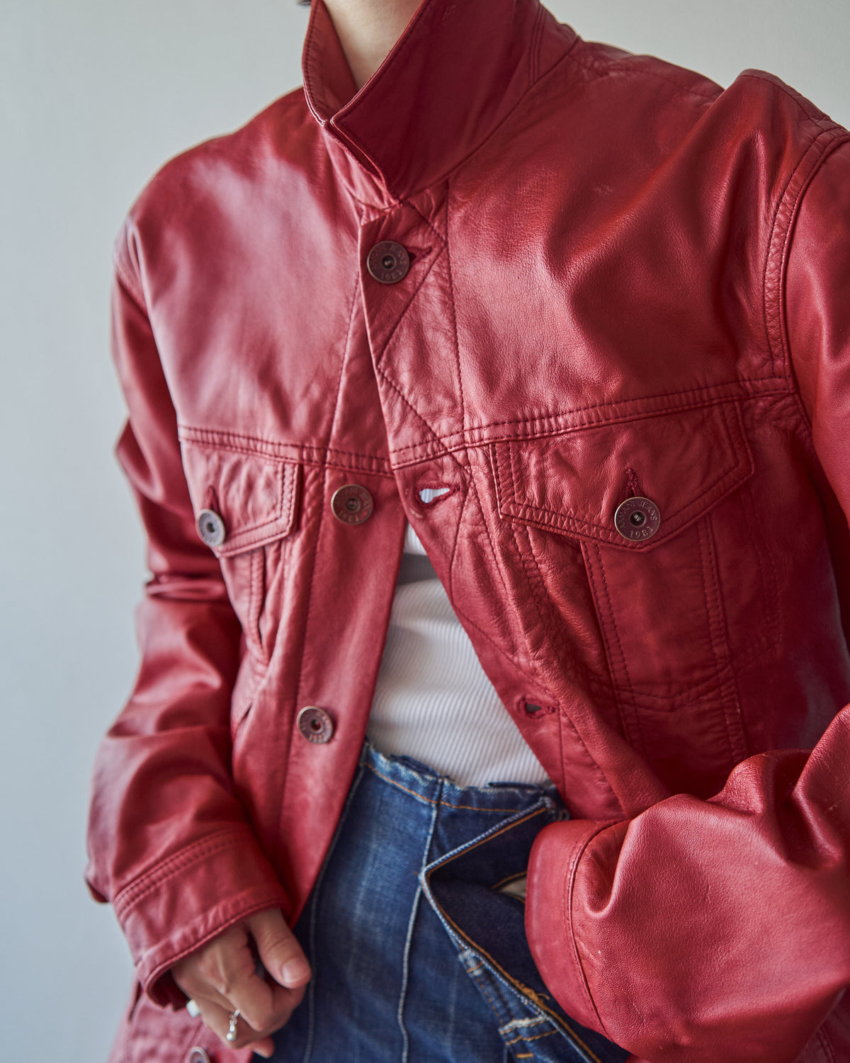 【SIZE S-M】2000s-2010s ARMANI JEANS Sheepskin Leather Trucker Jacket / Red