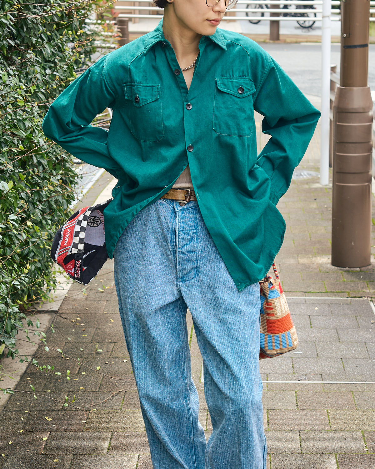 【SIZE S】1950-60s French Cotton Twill Back-Button Work Shirt / Deep Teal