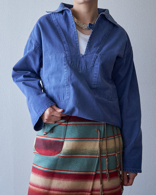 【Size S】~70s LE GLAZIK Cotton Canvas Faded French Fisherman Pullover Smock / Blue
