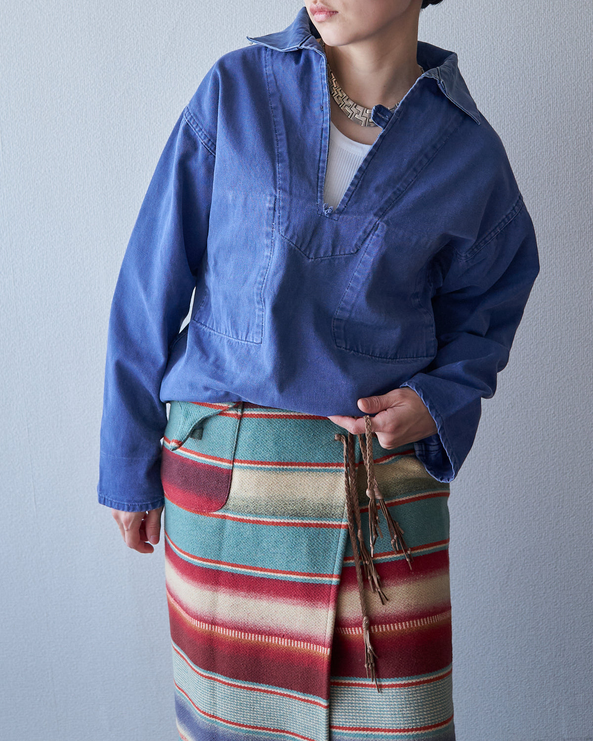 【Size S】~70s LE GLAZIK Cotton Canvas Faded French Fisherman Pullover Smock / Blue