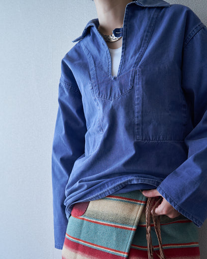【Size S】~70s LE GLAZIK Cotton Canvas Faded French Fisherman Pullover Smock / Blue