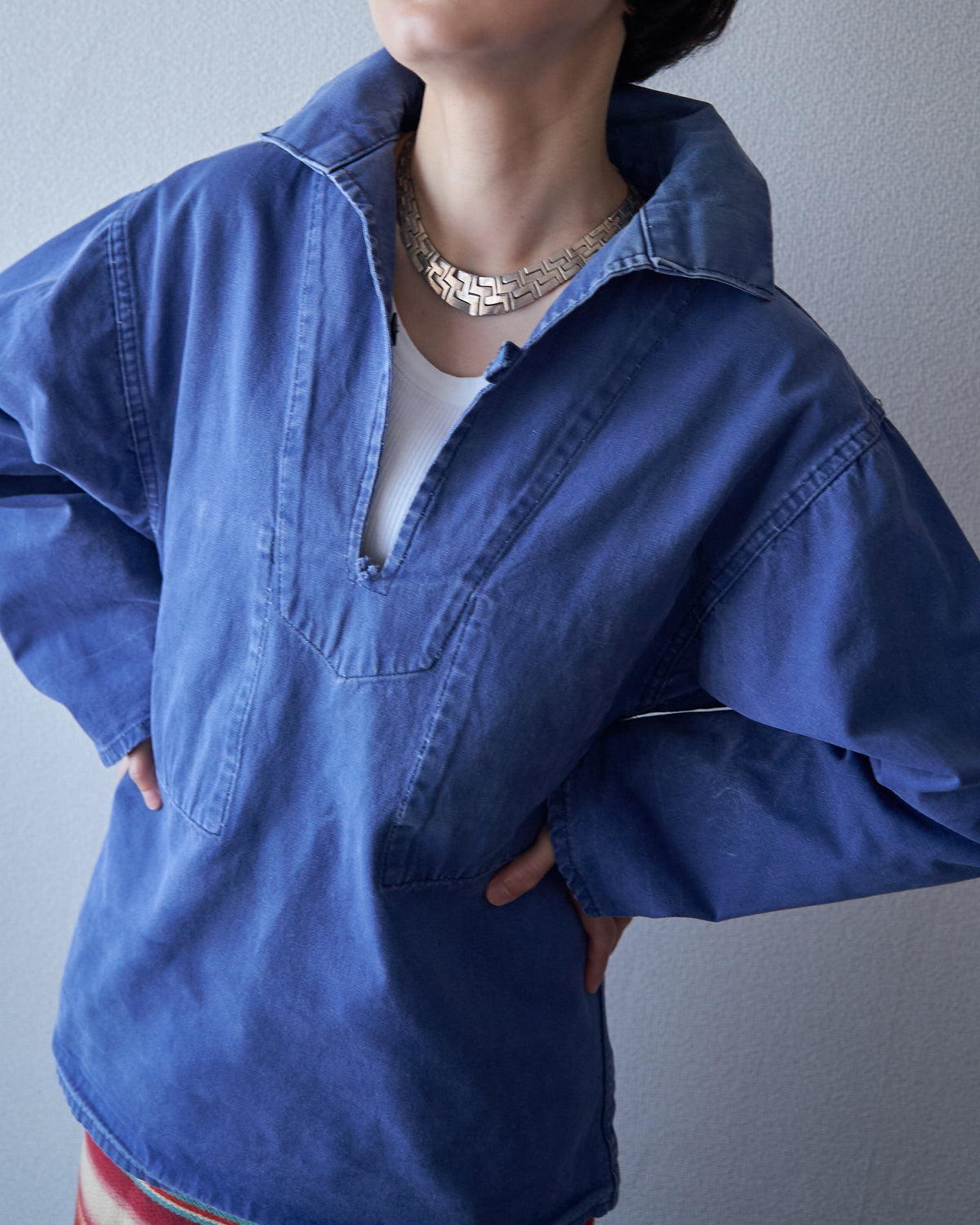 【Size S】~70s LE GLAZIK Cotton Canvas Faded French Fisherman Pullover Smock / Blue