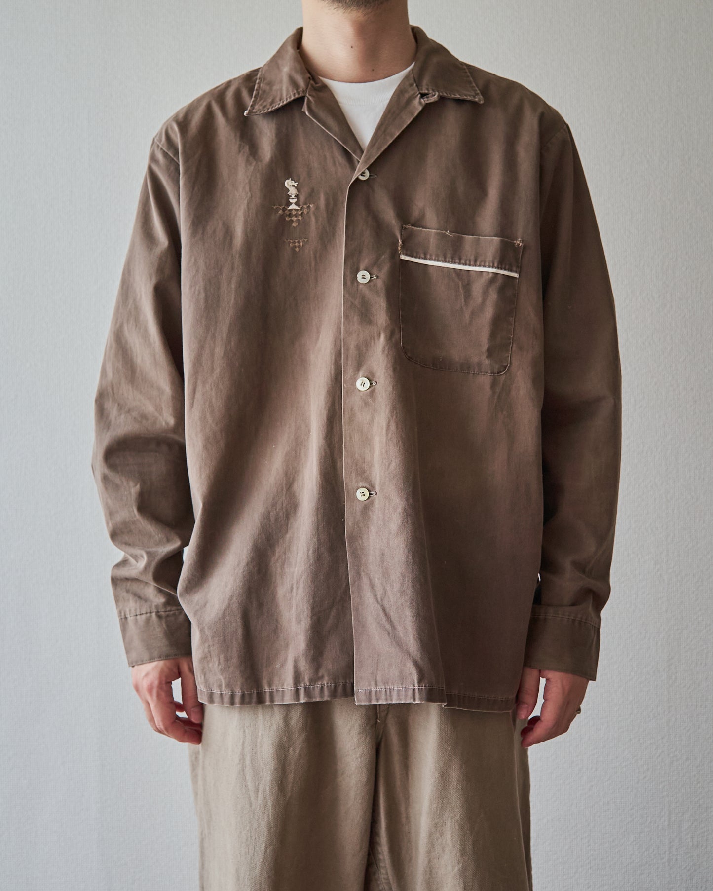 【Size S-M】 -60s BRENT  Chess Emblem Loop Collar Cotton Shirt / Brown