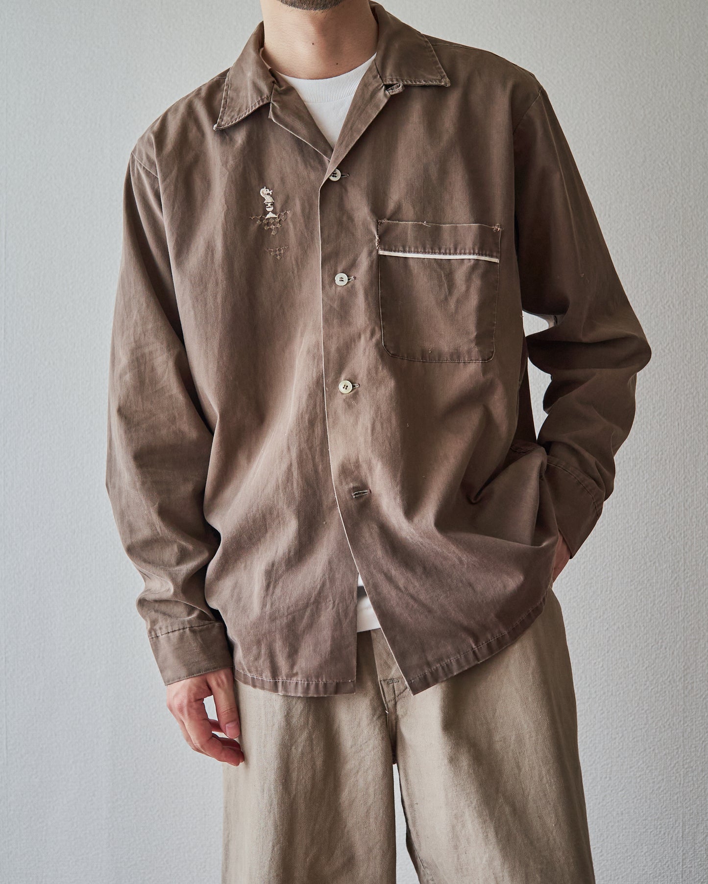 【Size S-M】 -60s BRENT  Chess Emblem Loop Collar Cotton Shirt / Brown