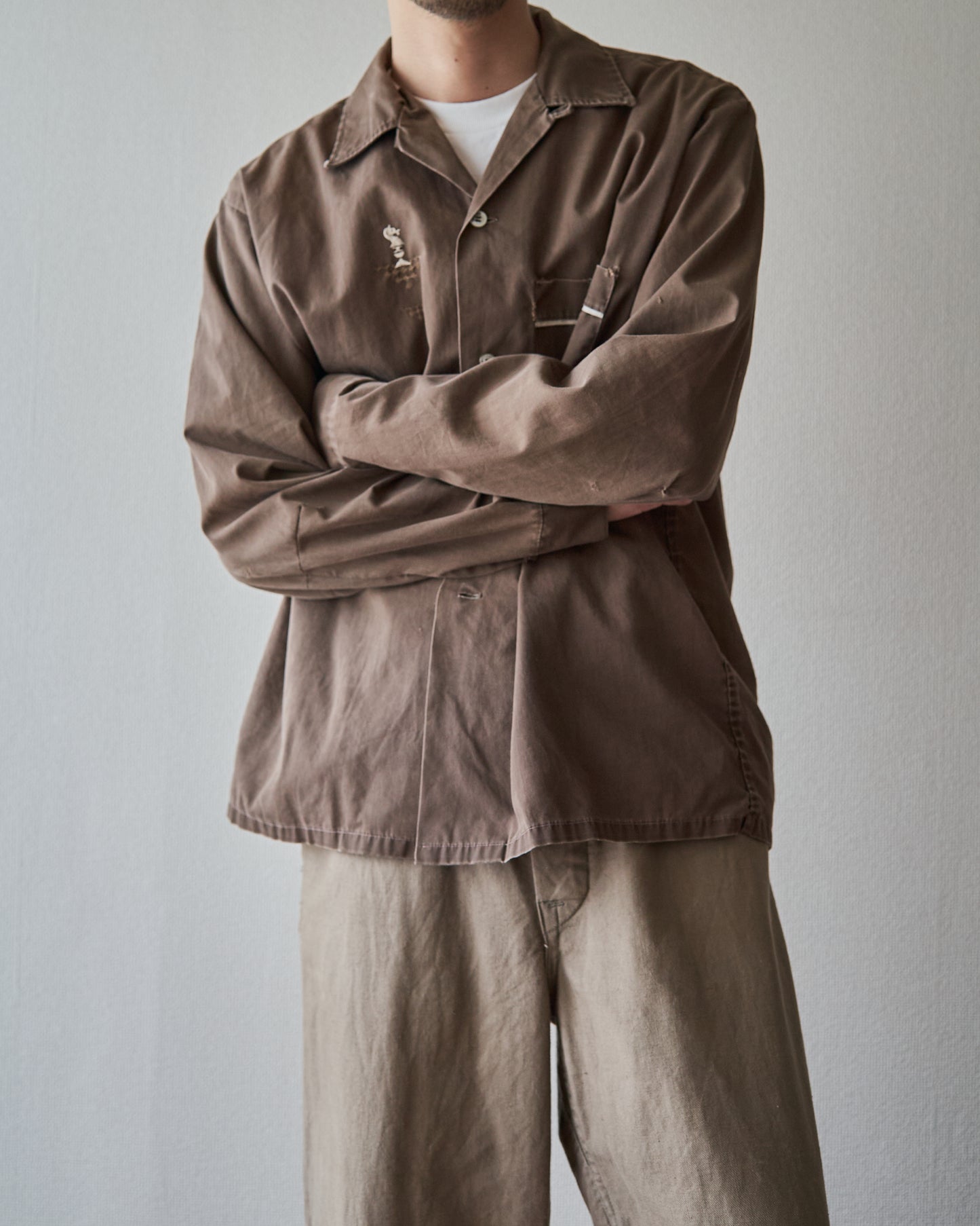 【Size S-M】 -60s BRENT  Chess Emblem Loop Collar Cotton Shirt / Brown