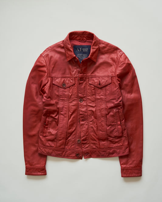 【SIZE S-M】2000s-2010s ARMANI JEANS Sheepskin Leather Trucker Jacket / Red
