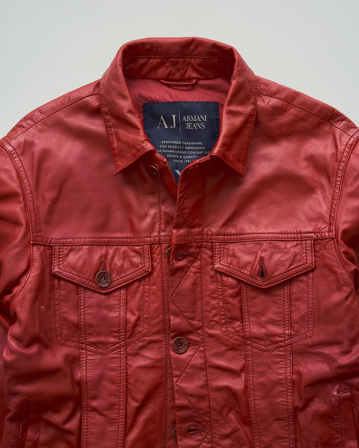 【SIZE S-M】2000s-2010s ARMANI JEANS Sheepskin Leather Trucker Jacket / Red