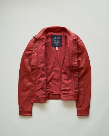 【SIZE S-M】2000s-2010s ARMANI JEANS Sheepskin Leather Trucker Jacket / Red