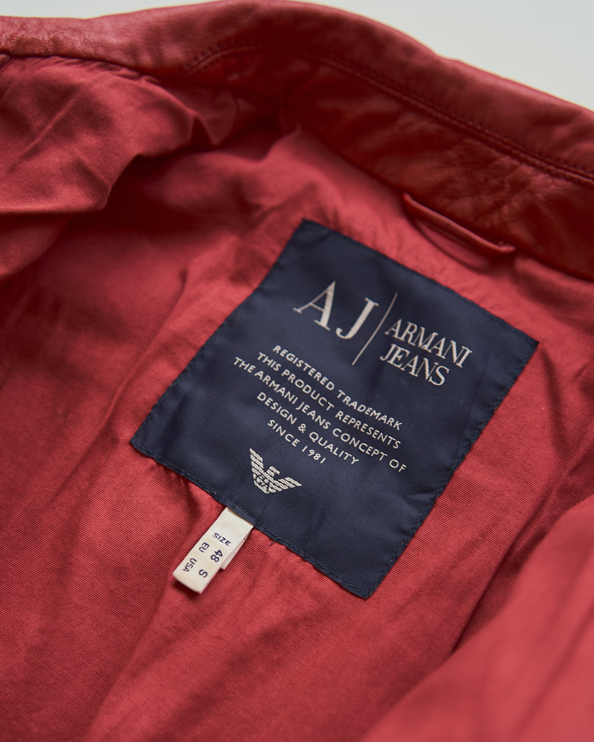 【SIZE S-M】2000s-2010s ARMANI JEANS Sheepskin Leather Trucker Jacket / Red