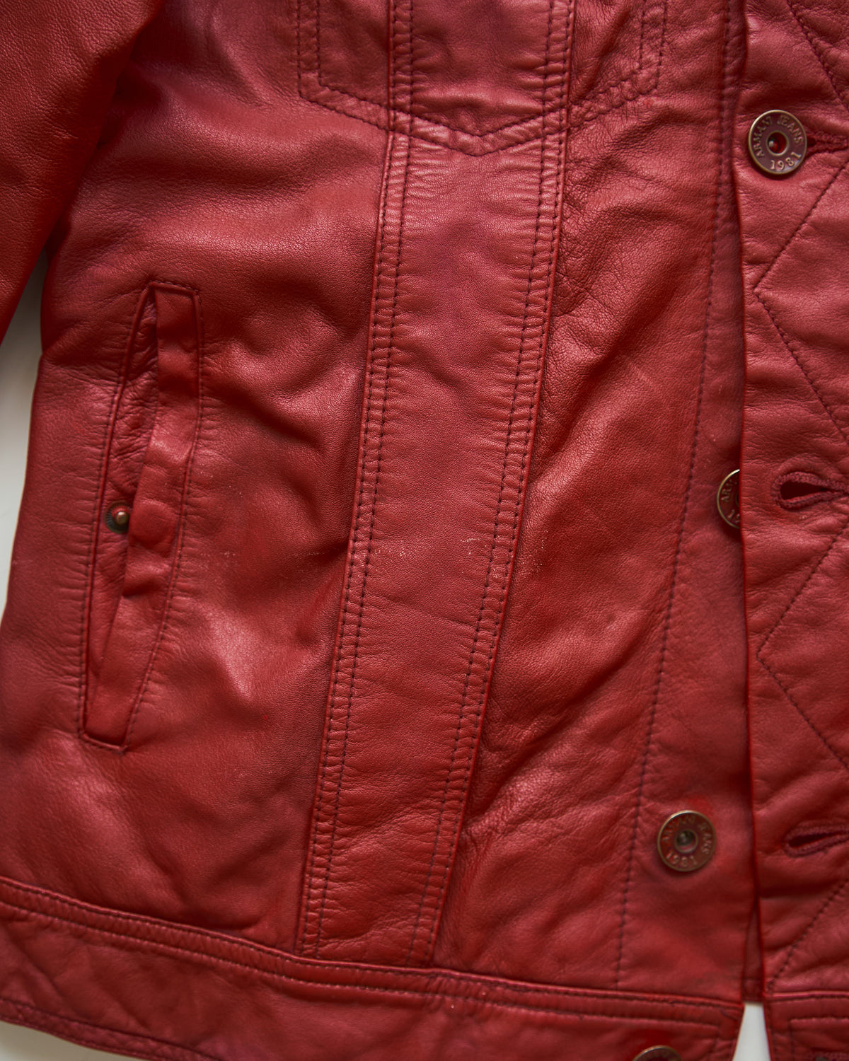 【SIZE S-M】2000s-2010s ARMANI JEANS Sheepskin Leather Trucker Jacket / Red