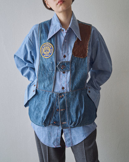 【SIZE M】60-70s Denim Leather Recoil-Pad  Shooting Vest / Orange Stitch