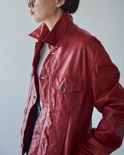 【SIZE S-M】2000s-2010s ARMANI JEANS Sheepskin Leather Trucker Jacket / Red