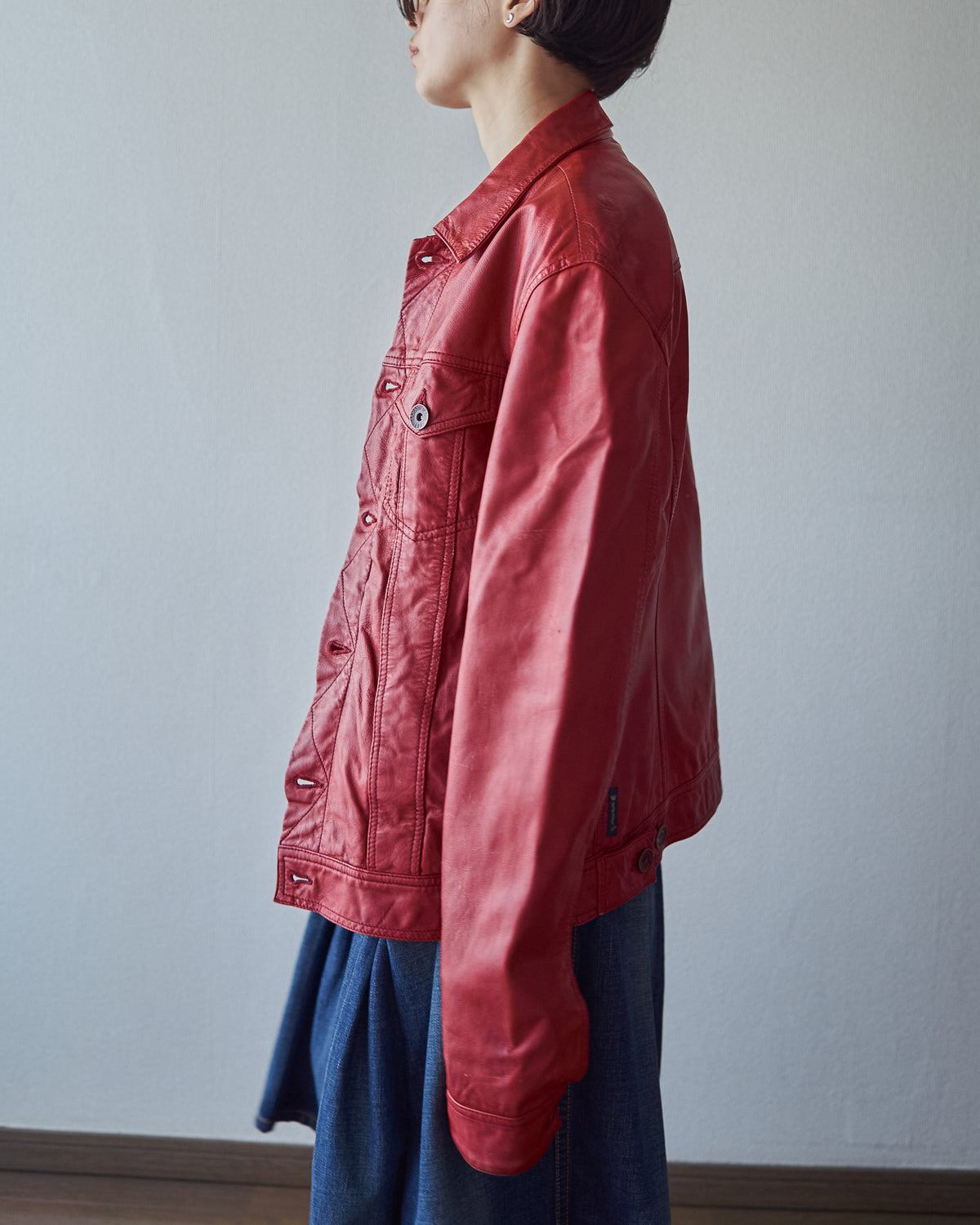 【SIZE S-M】2000s-2010s ARMANI JEANS Sheepskin Leather Trucker Jacket / Red