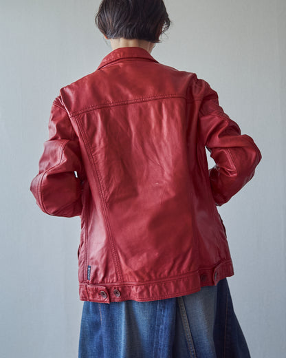 【SIZE S-M】2000s-2010s ARMANI JEANS Sheepskin Leather Trucker Jacket / Red