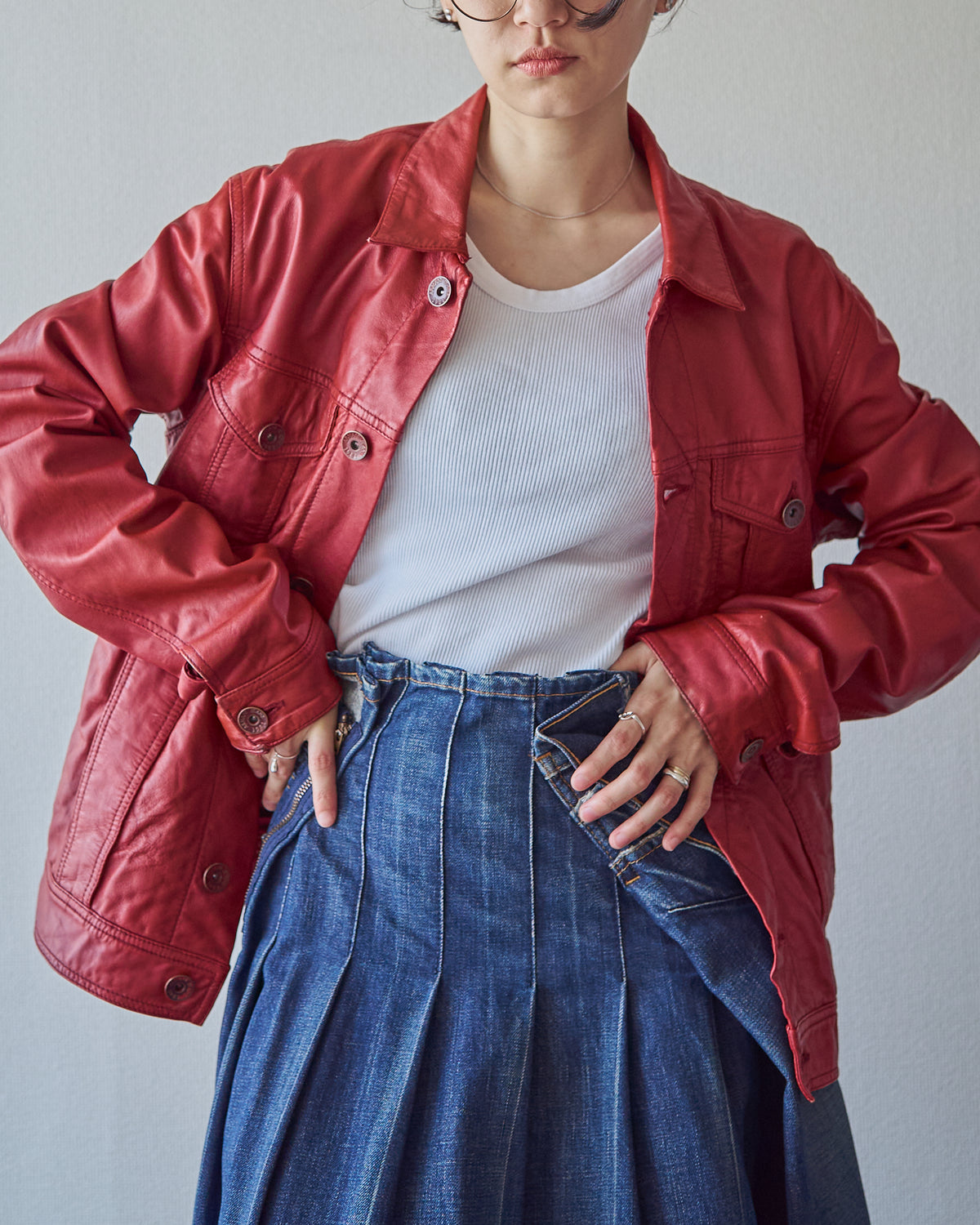 【SIZE S-M】2000s-2010s ARMANI JEANS Sheepskin Leather Trucker Jacket / Red