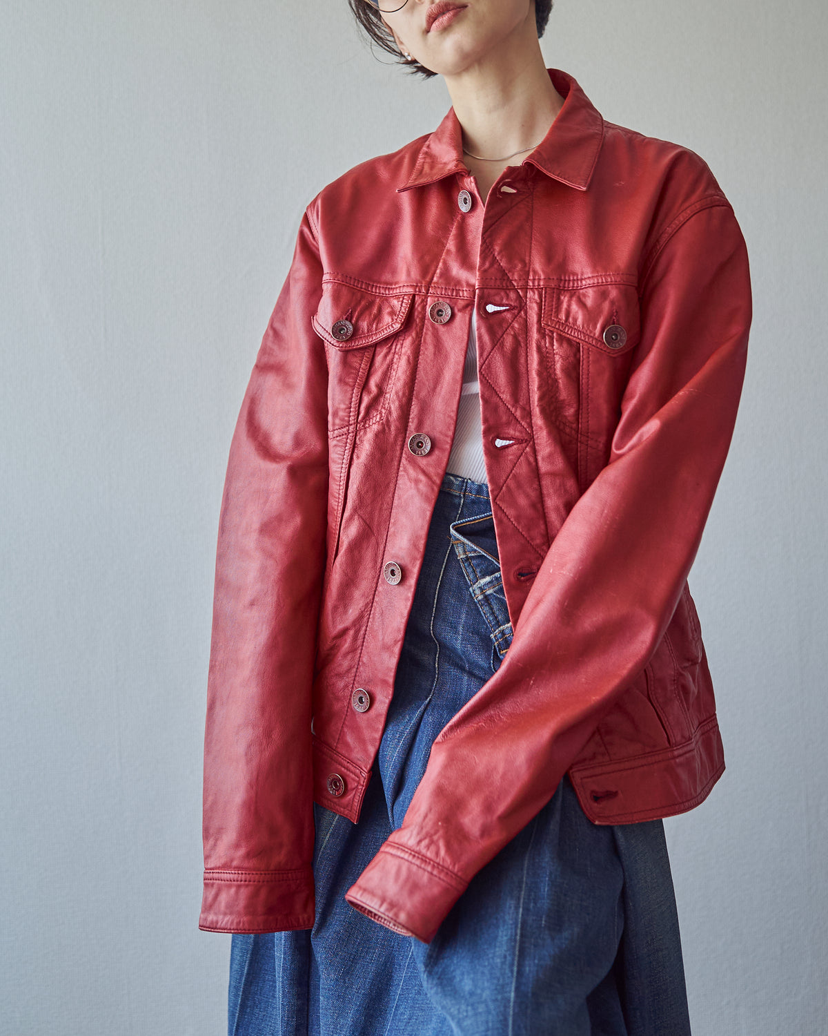【SIZE S-M】2000s-2010s ARMANI JEANS Sheepskin Leather Trucker Jacket / Red