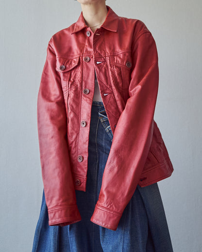 【SIZE S-M】2000s-2010s ARMANI JEANS Sheepskin Leather Trucker Jacket / Red