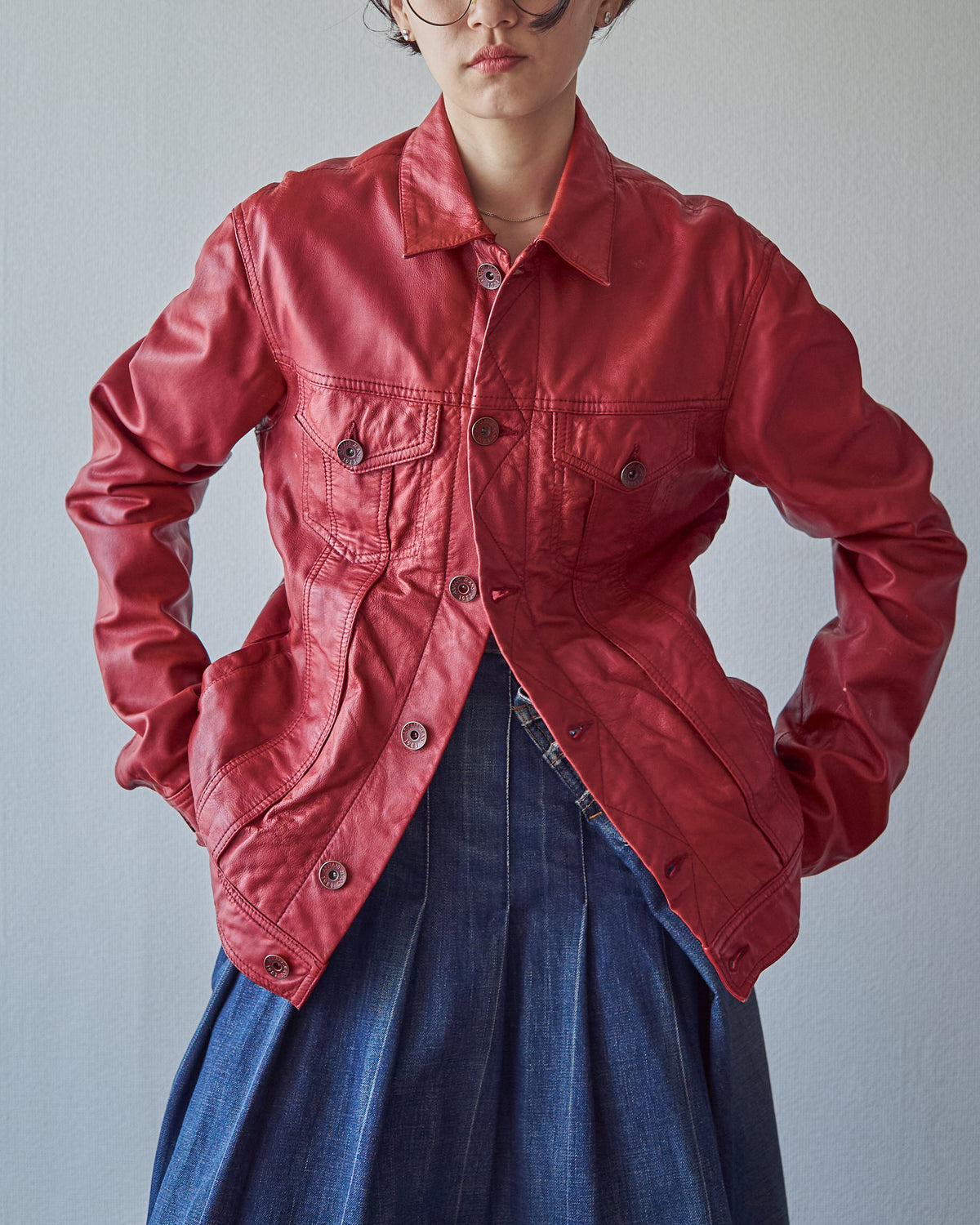 【SIZE S-M】2000s-2010s ARMANI JEANS Sheepskin Leather Trucker Jacket / Red
