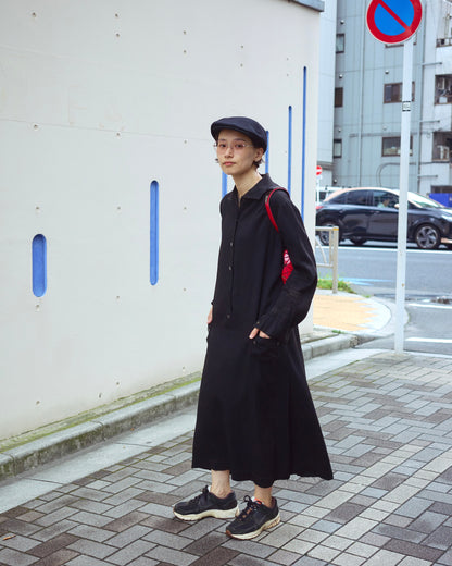 【SIZE S】-1940s French Black Cotton Sateen Maid Dress / Hand-Darned Repairs