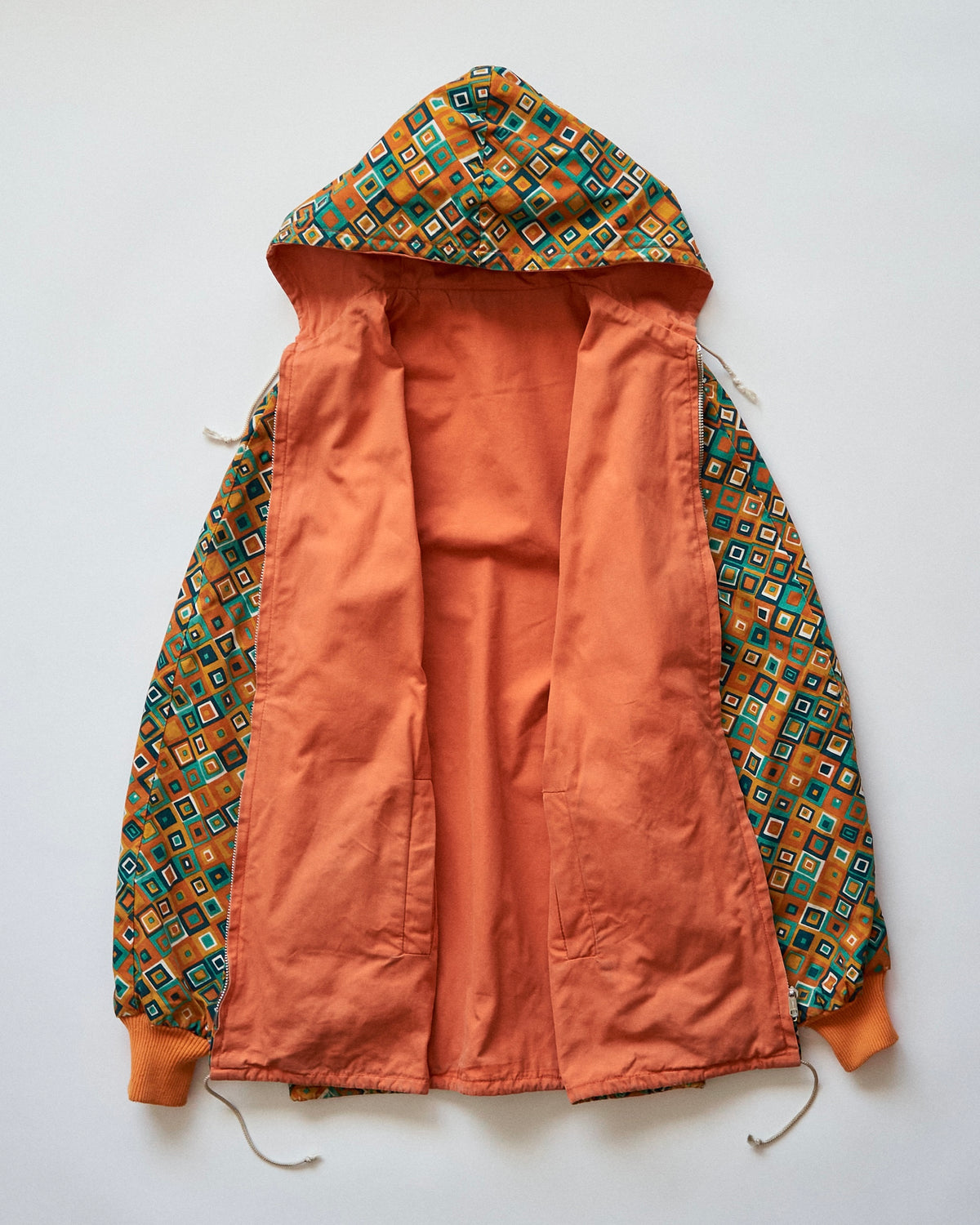 【SIZE S】70s Reversible Cotton Op-Art Geometric Print Ski Parka / Orange Multi