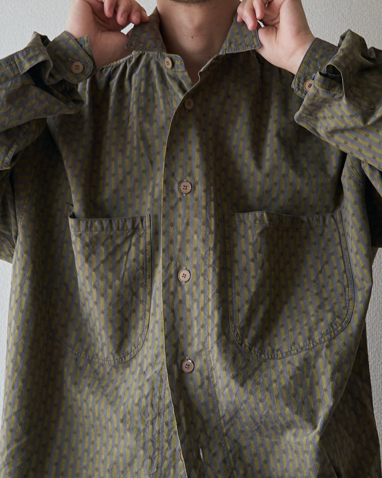 80-90s RENOMA PARIS Cotton Dobby-Striped Balloon Sleeve Shirt / Mustard Grey × Charcoal
