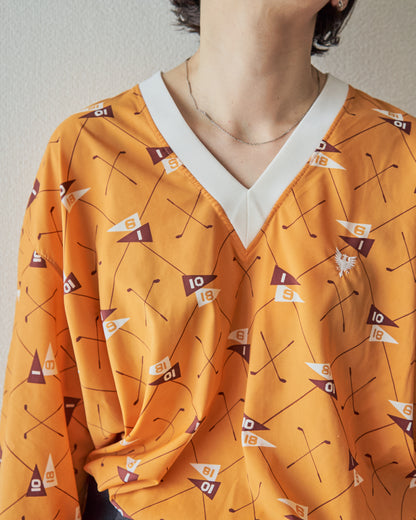 【Size S】80-90s DUNLOP Golf Motif Stretch Nylon Rib Pullover / Mustard