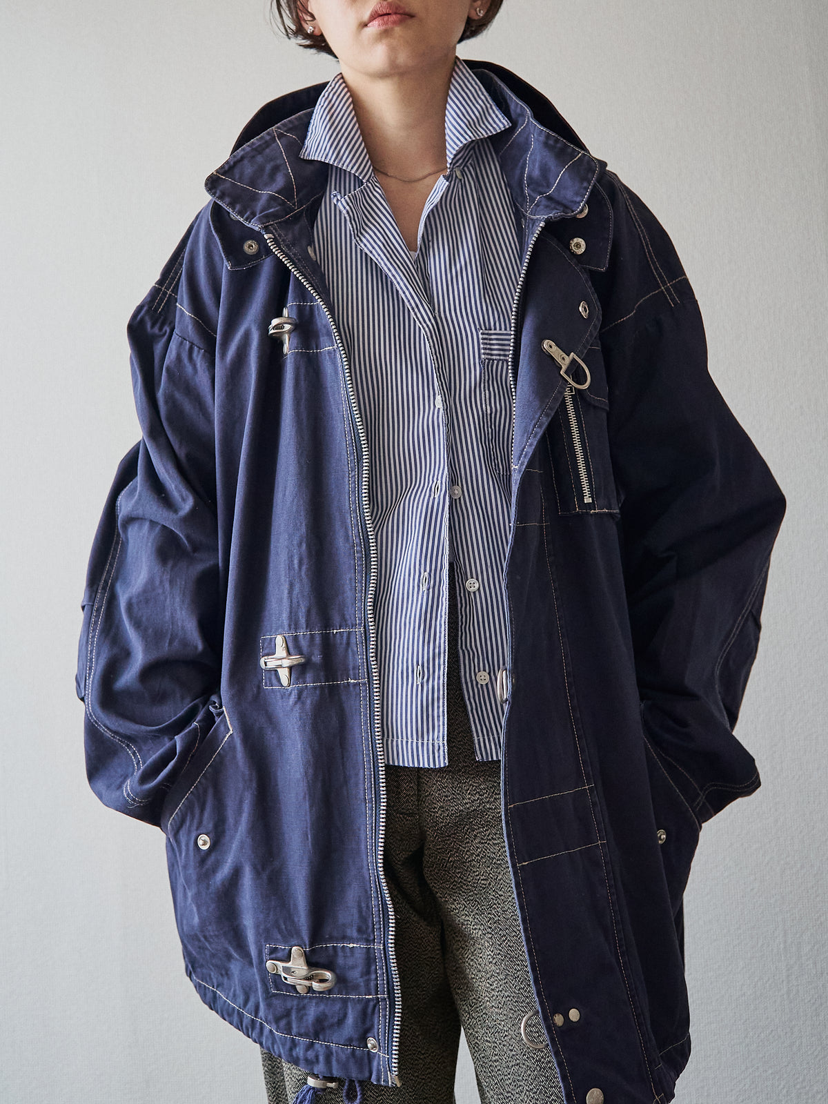 【SIZE L】OXER Cotton Detachable Hood Fireman-Hook  Coat / Navy