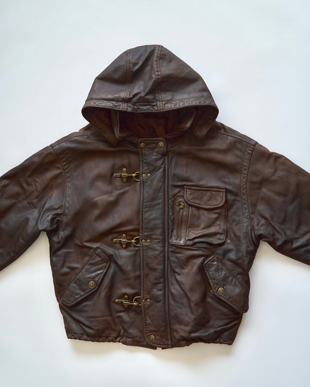 【SIZE S-M】80s Italian Leather Fireman  Hooded Jacket / Brown