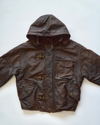 【SIZE S-M】80s Italian Leather Fireman  Hooded Jacket / Brown