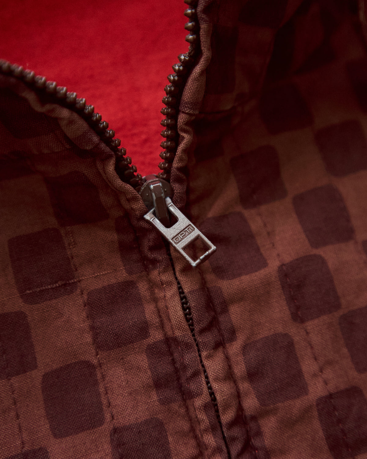 【M-L】90s MARIMEKKO Cotton Checkerboard Print Hooded Parka / Brown