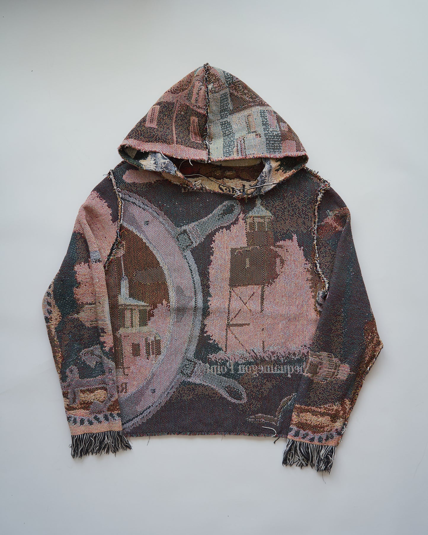 Lighthouse Jacquard Tapestry Remake Hoodie / Fringe Trim Multi