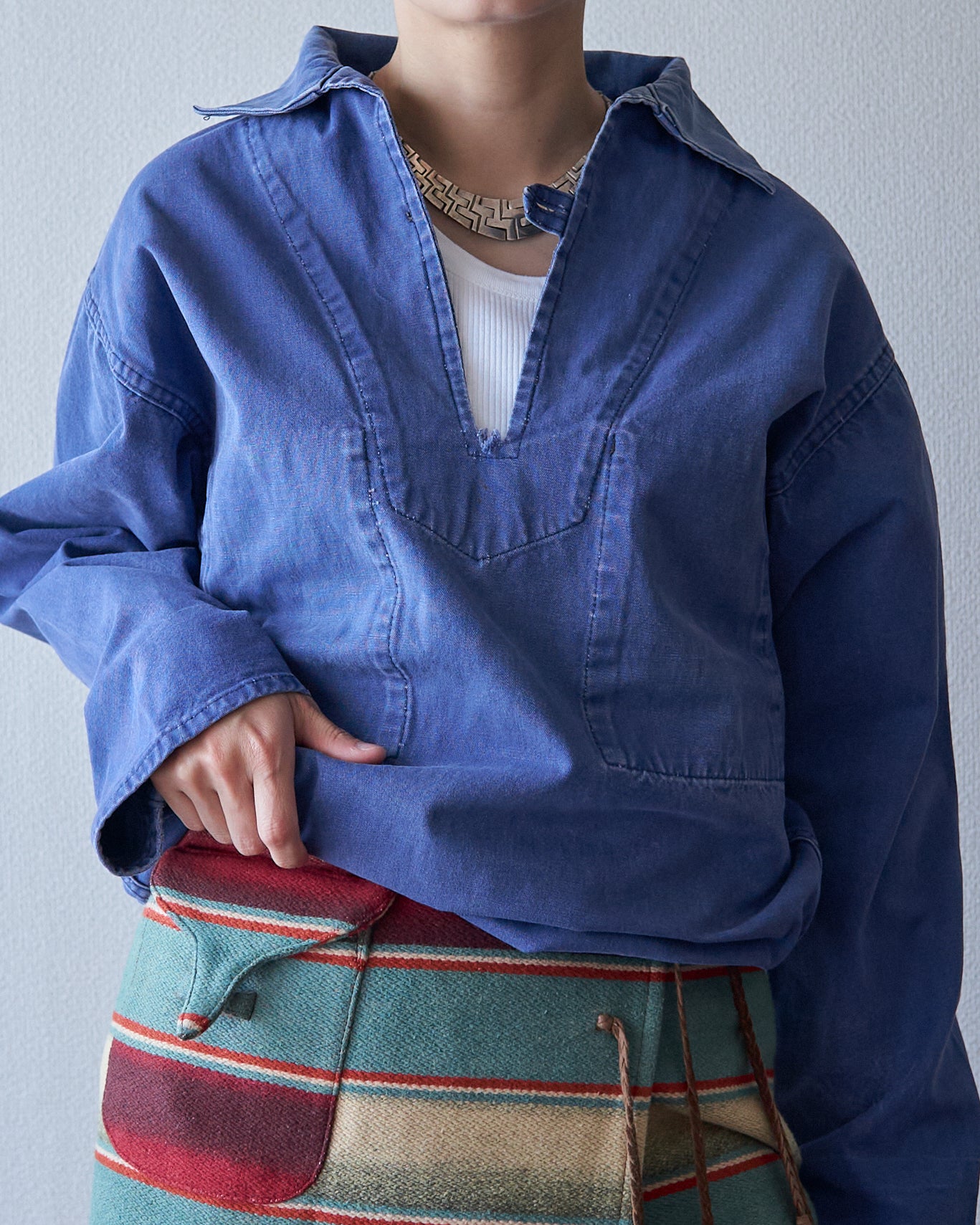 ~70s LE GLAZIK Cotton Canvas Faded French Fisherman Pullover Smock / Blue