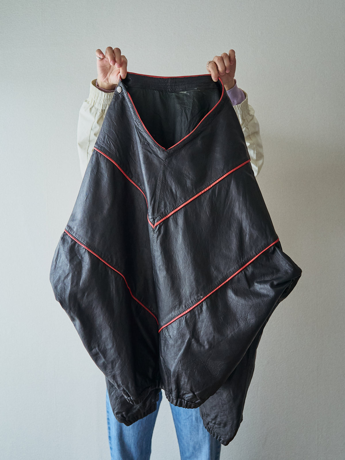 【SIZE XL】80s Shoulder-Snap Oversized Piping Leather Pullover / Black Red Piping