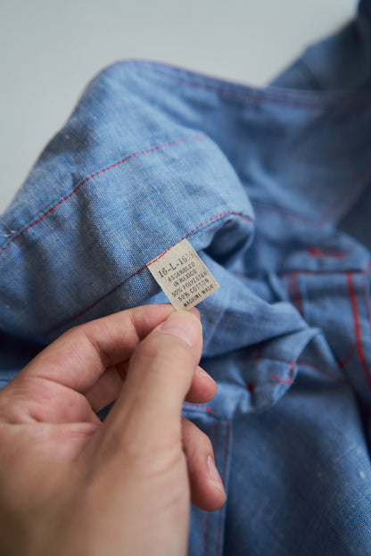 【SIZE M-L】70-80s HOUSE OF HANOVER Contrast-Stitch Poly-Cotton Western Chambray Shirt / Blue