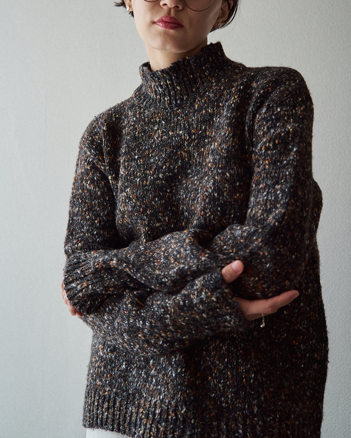 【SIZE S-M】90s agnès b. homme  Nep Melange Mock Neck Sweater / Charcoal