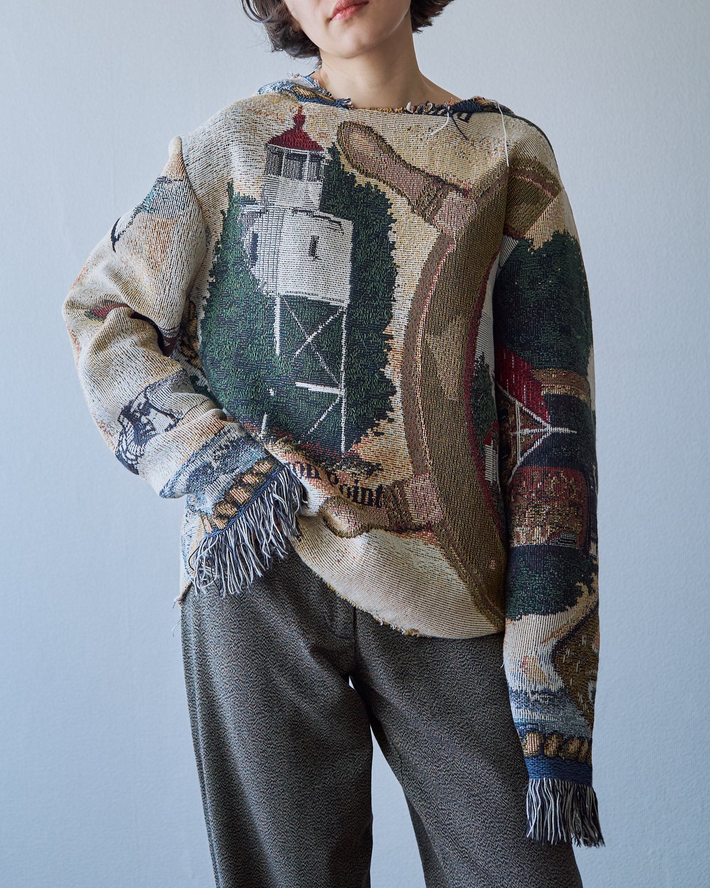 Lighthouse Jacquard Tapestry Remake Hoodie / Fringe Trim Multi
