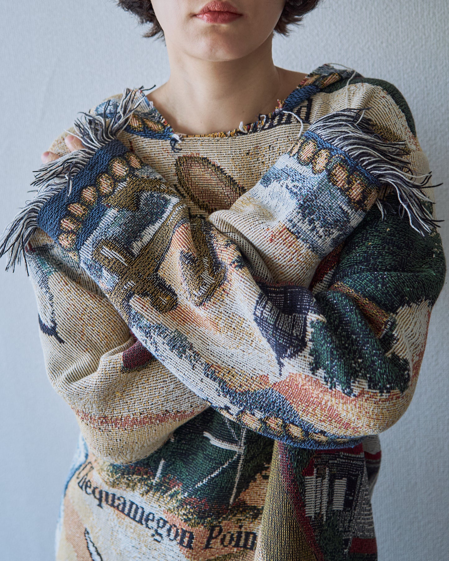 Lighthouse Jacquard Tapestry Remake Hoodie / Fringe Trim Multi