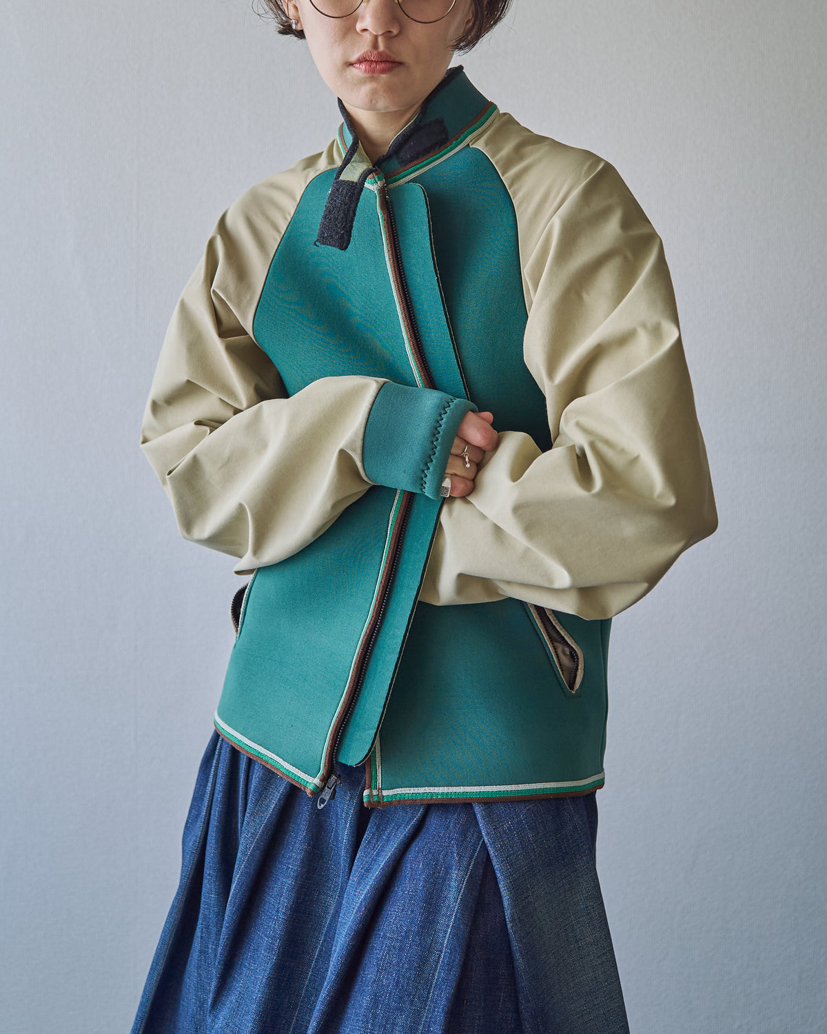 【SIZE S】1980-90s Neoprene Switching Jacket / Green × Beige