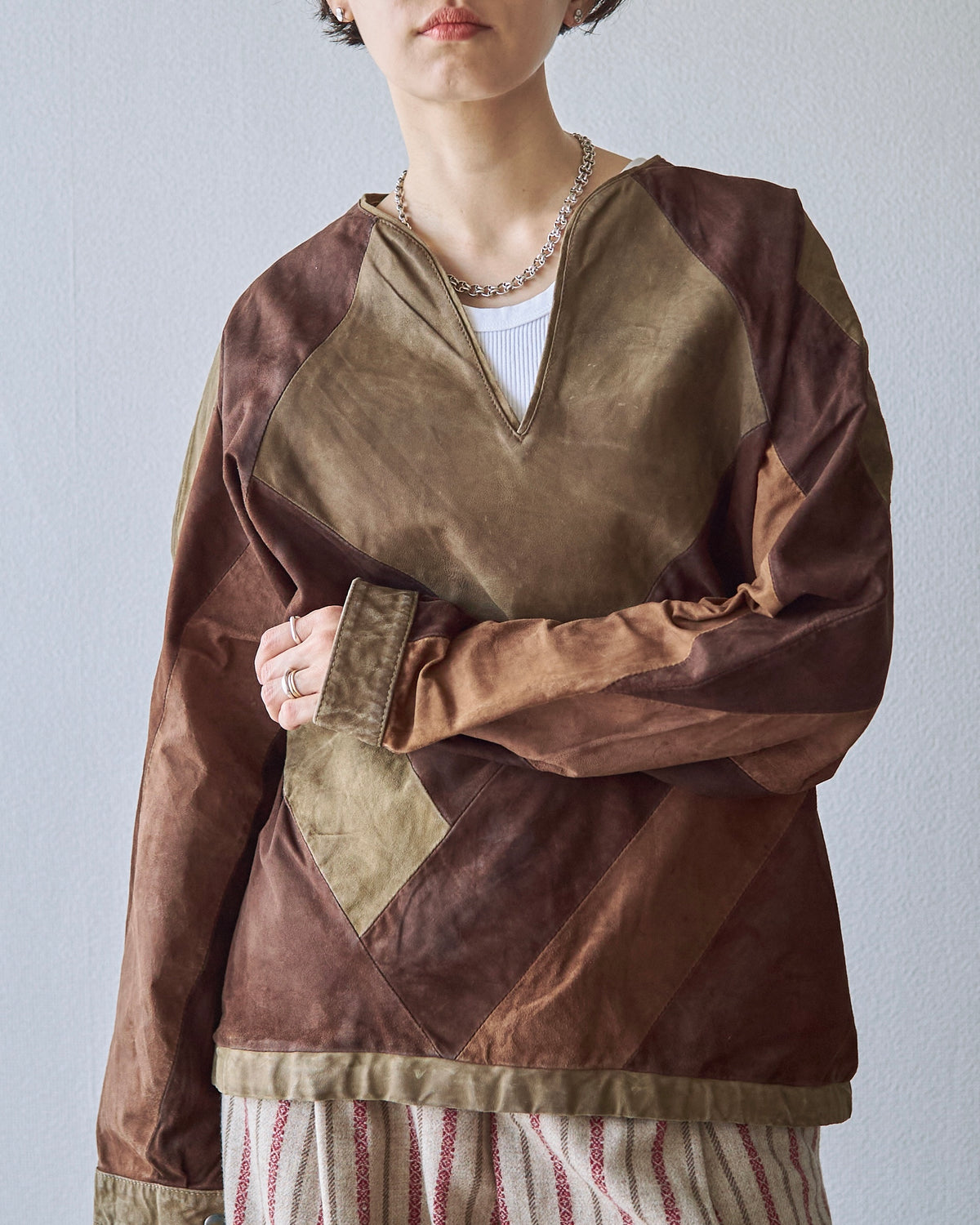 【SIZE S】70s Geometric Patchwork Suede Pullover / Tonal Brown