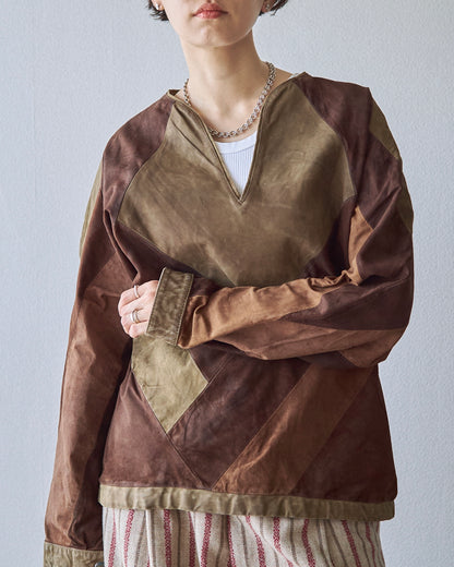 【SIZE S】70s Geometric Patchwork Suede Pullover / Tonal Brown
