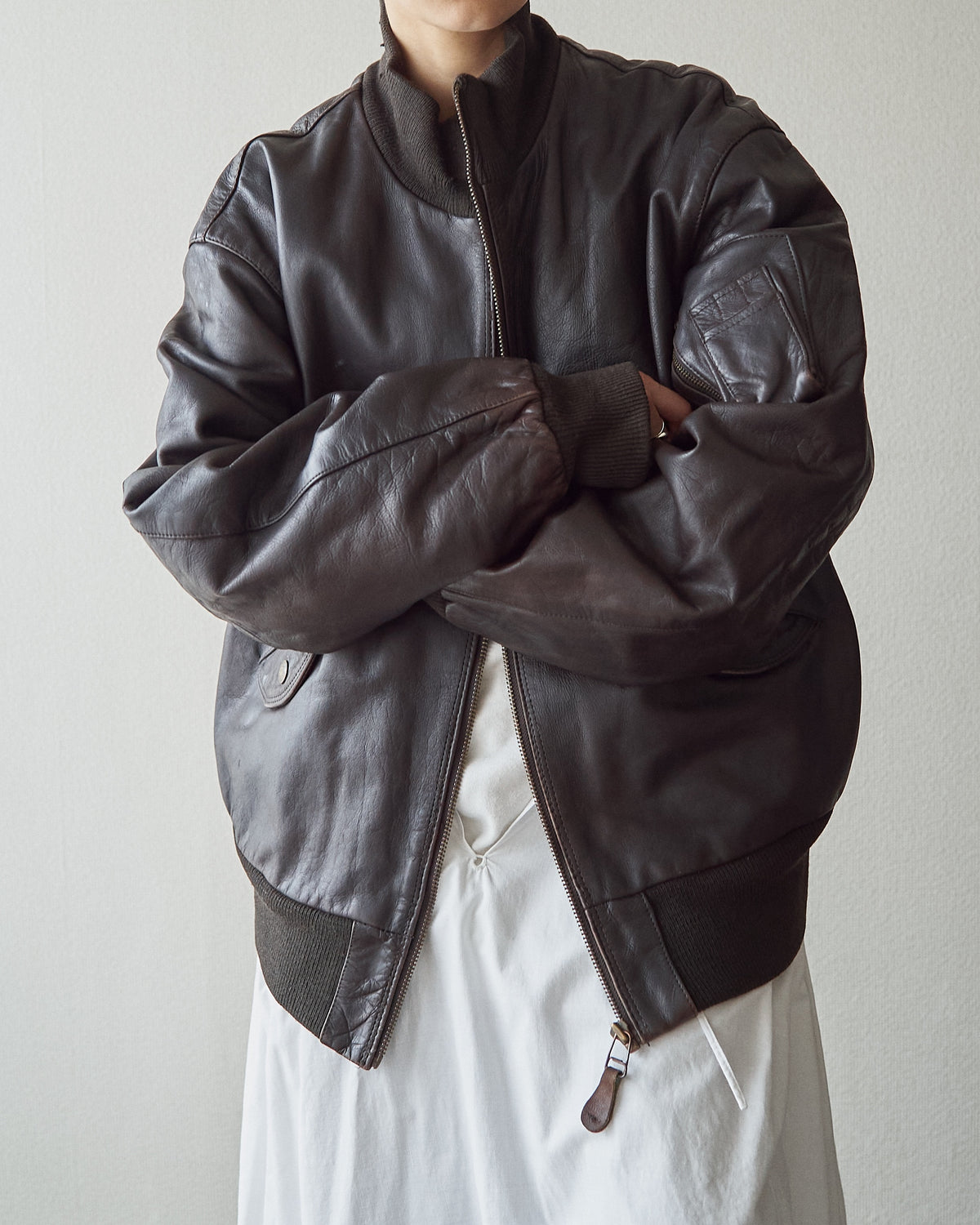 【SIZE L】-90s ARMANI JEANS  Leather Flight Bomber Jacket / Brown