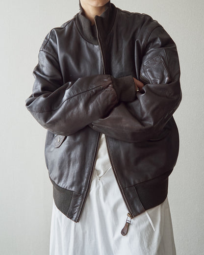 【SIZE L】-90s ARMANI JEANS  Leather Flight Bomber Jacket / Brown