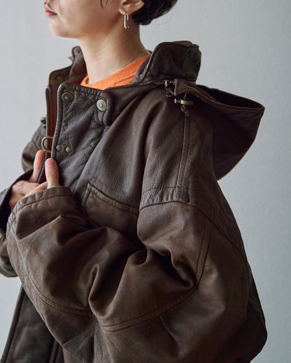【SIZE S-M】80s Italian Leather Fireman  Hooded Jacket / Brown