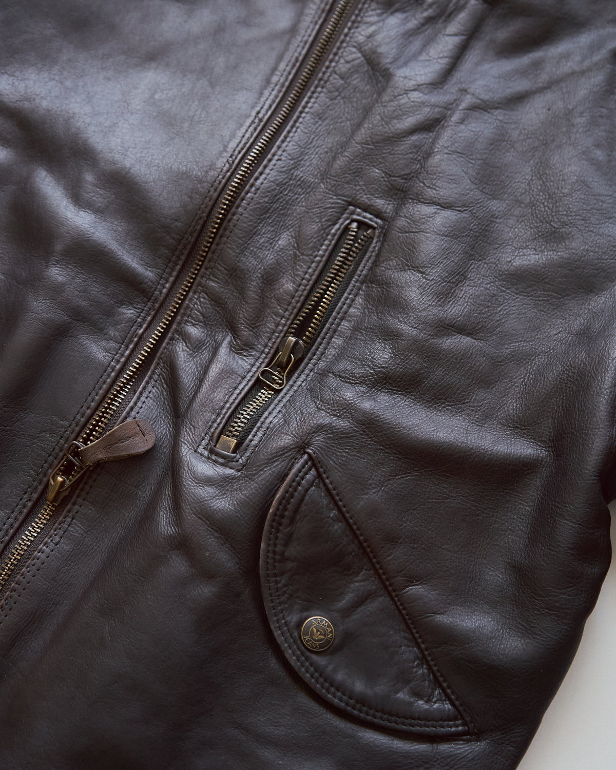 【SIZE L】-90s ARMANI JEANS  Leather Flight Bomber Jacket / Brown