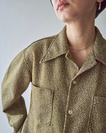 【SIZE M-L】70s Jacquard Knit Open Collar Shirt / Olive Ivory