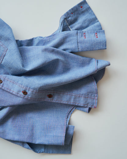 【SIZE M-L】70-80s HOUSE OF HANOVER Contrast-Stitch Poly-Cotton Western Chambray Shirt / Blue