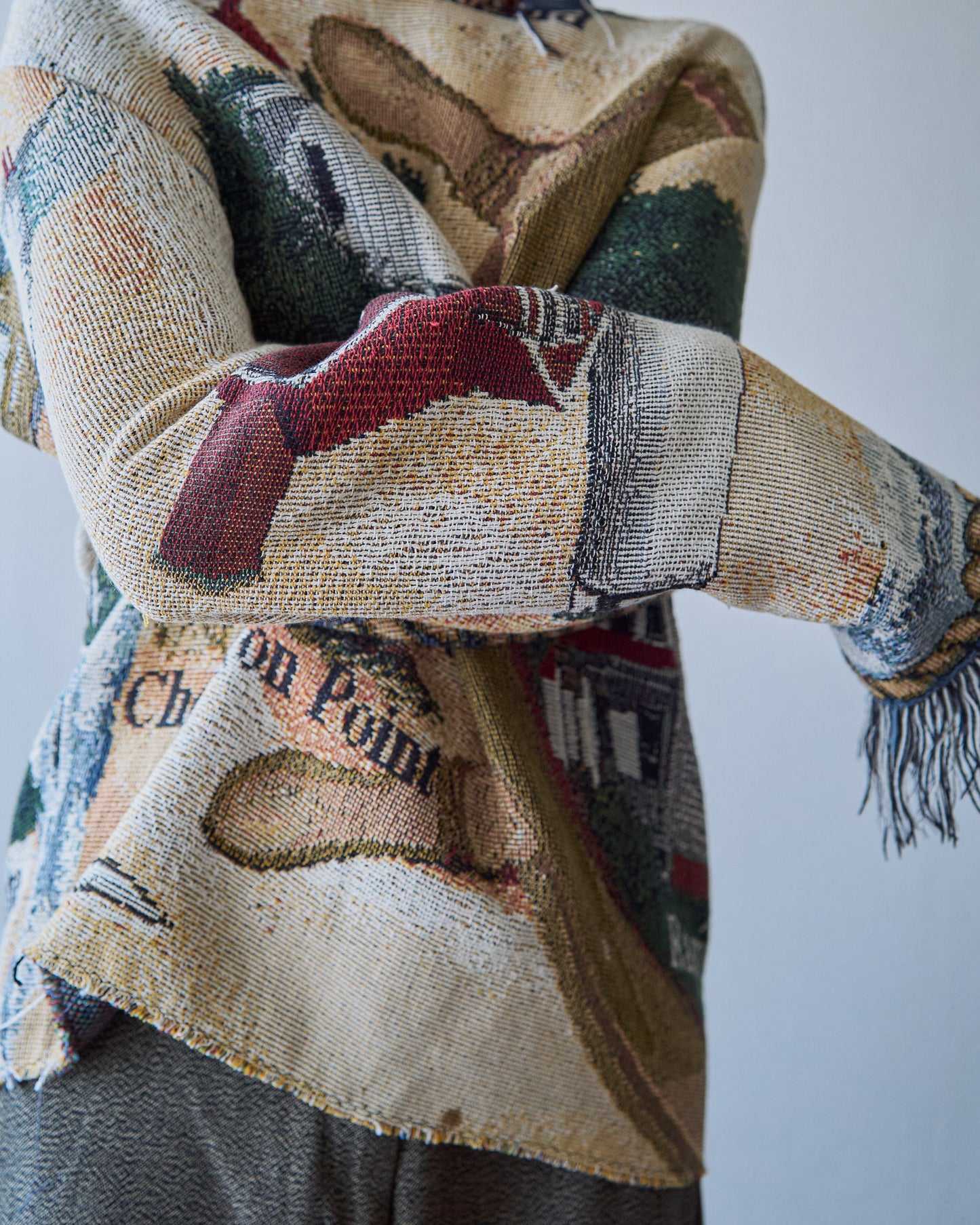 Lighthouse Jacquard Tapestry Remake Hoodie / Fringe Trim Multi