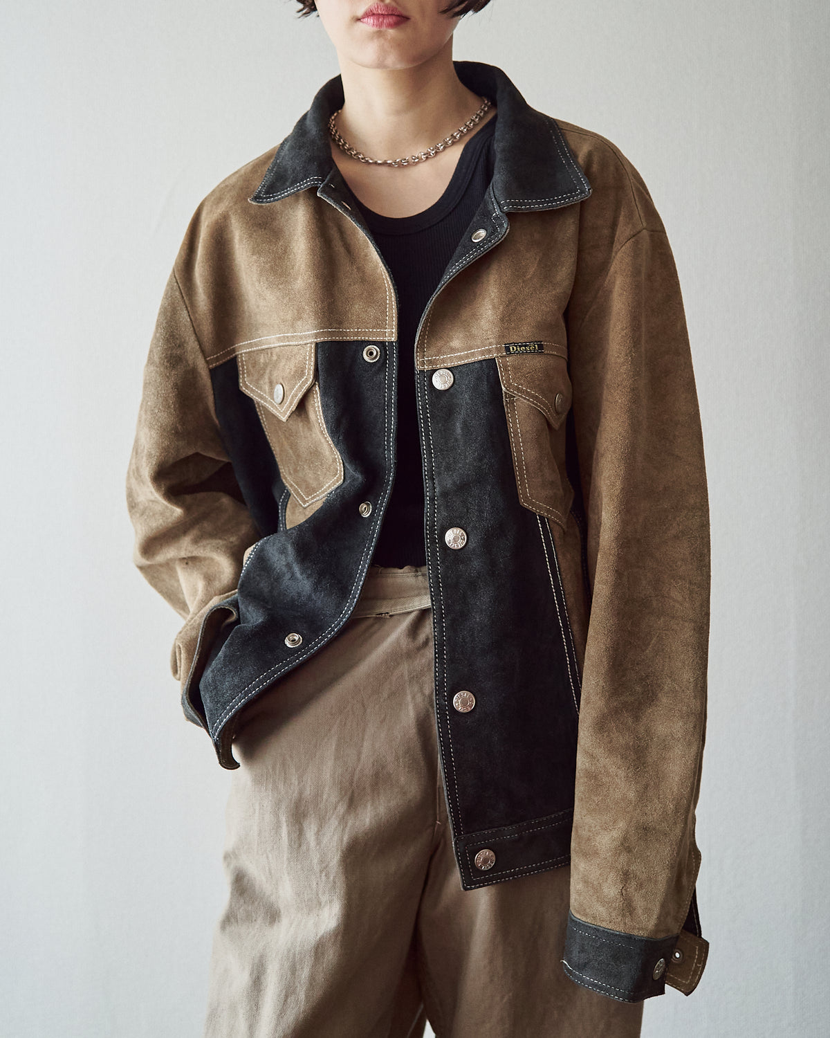 【SIZE M-L】90s DIESEL Suede Two-Tone Trucker Jacket / Beige Black