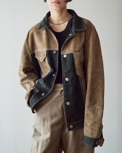 【SIZE M-L】90s DIESEL Suede Two-Tone Trucker Jacket / Beige Black
